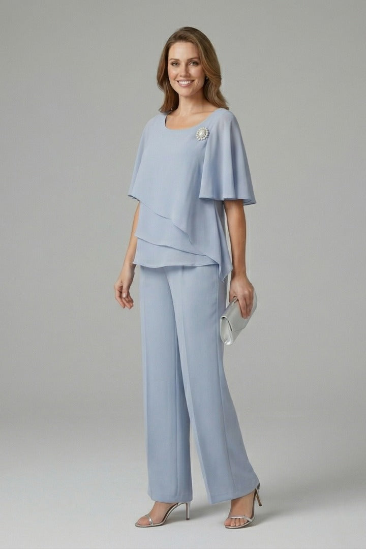 Women's Two Piece Elegant Set with Layered Blouse and Wide Leg Pants