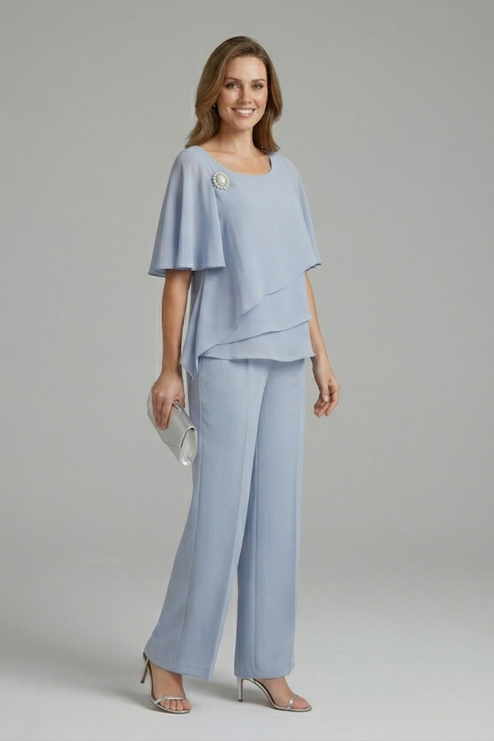Women's Two Piece Elegant Set with Layered Blouse and Wide Leg Pants