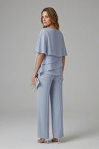 Women's Two Piece Elegant Set with Layered Blouse and Wide Leg Pants