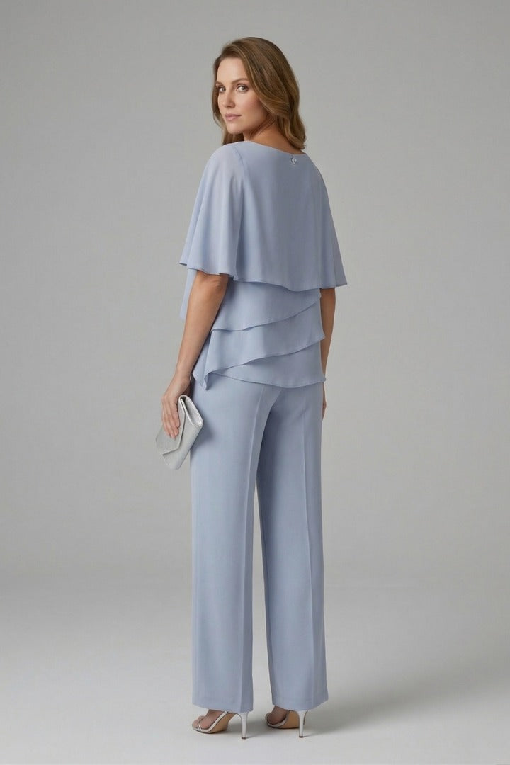 Women's Two Piece Elegant Set with Layered Blouse and Wide Leg Pants
