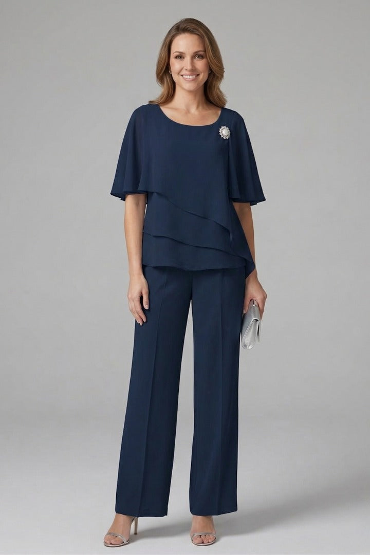 Women's Two Piece Elegant Set with Layered Blouse and Wide Leg Pants