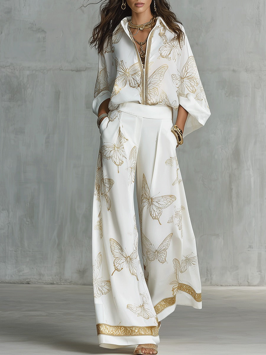 Women's Two Piece Holiday Long Set with Zip Blouse and Wide Leg Pants