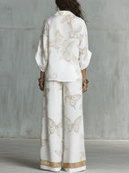 Women's Two Piece Holiday Long Set with Zip Blouse and Wide Leg Pants