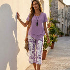 Women's Two Piece Summer Co-Ord Set with Tunic Top and Straight Leg Pants