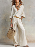 Women's Two Piece Summer Set with V-Neck Blouse and Wide Leg Pants