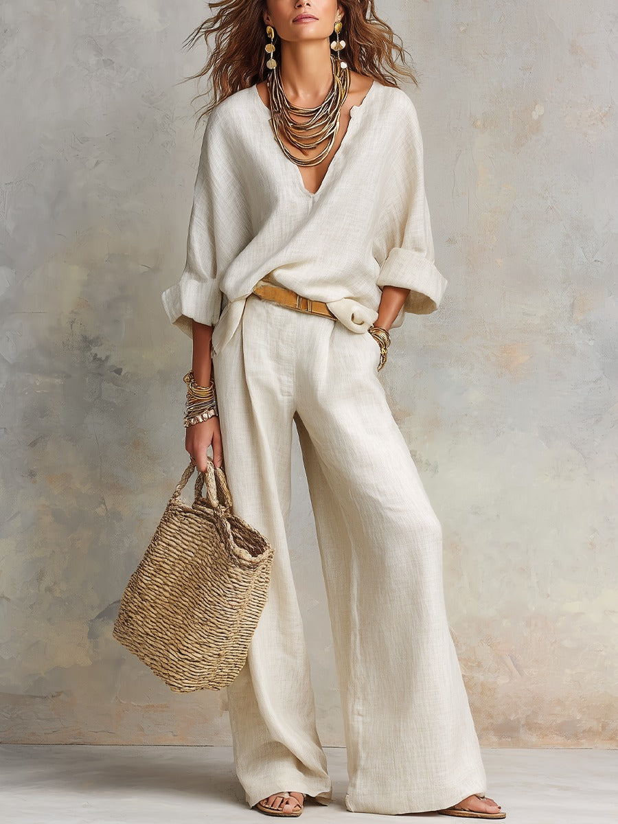 Women's Two Piece Summer Set with V-Neck Blouse and Wide Leg Pants
