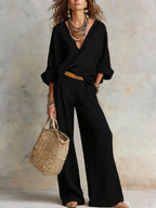 Women's Two Piece Summer Set with V-Neck Blouse and Wide Leg Pants