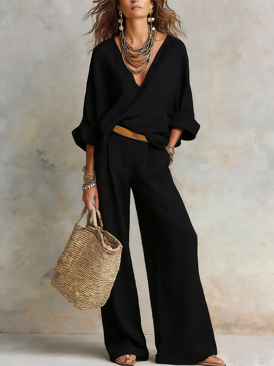 Women's Two Piece Summer Set with V-Neck Blouse and Wide Leg Pants