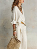 Women's Two Piece Summer Set with V-Neck Blouse and Wide Leg Pants