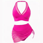 Women's Two Piece Swimsuit Set with V-Neck Top and Ruched Skirt