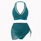 Women's Two Piece Swimsuit Set with V-Neck Top and Ruched Skirt