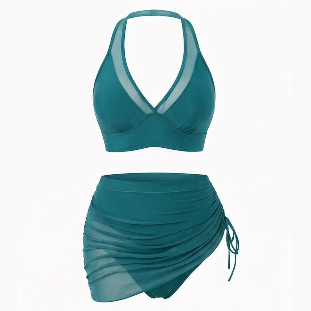 Women's Two Piece Swimsuit Set with V-Neck Top and Ruched Skirt