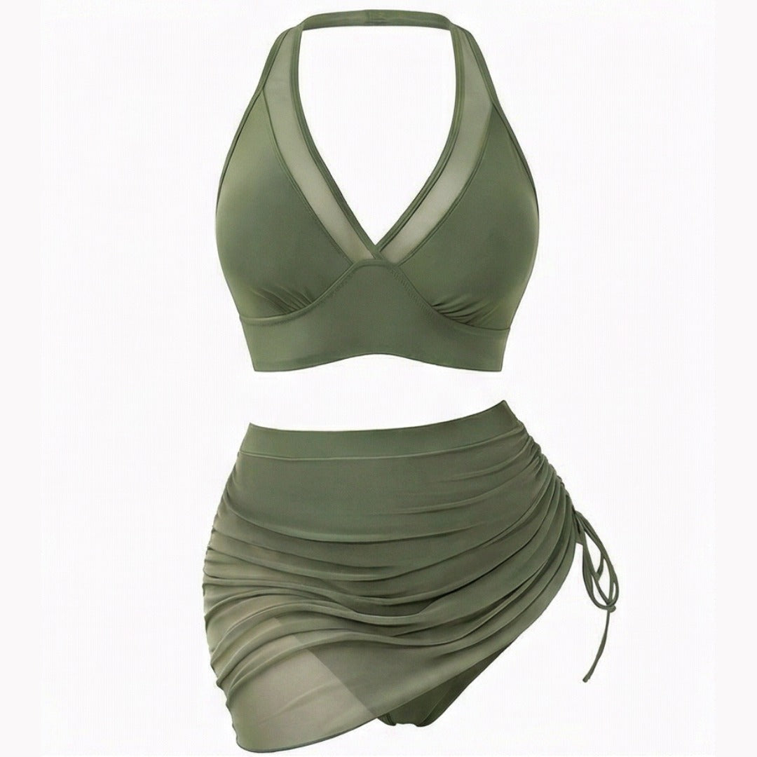 Women's Two Piece Swimsuit Set with V-Neck Top and Ruched Skirt