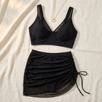 Women's Two Piece Swimsuit Set with V-Neck Top and Ruched Skirt