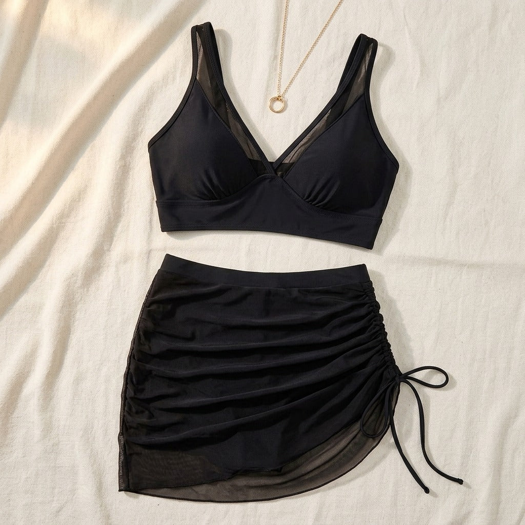 Women's Two Piece Swimsuit Set with V-Neck Top and Ruched Skirt