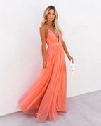 Women's Wedding Guest Backless Maxi Dress with V-Neck
