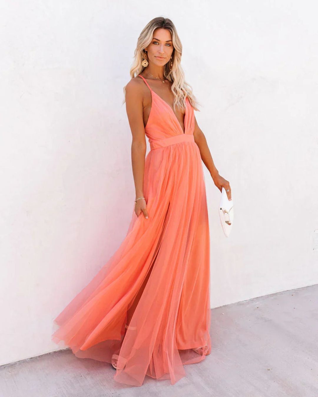 Women's Wedding Guest Backless Maxi Dress with V-Neck