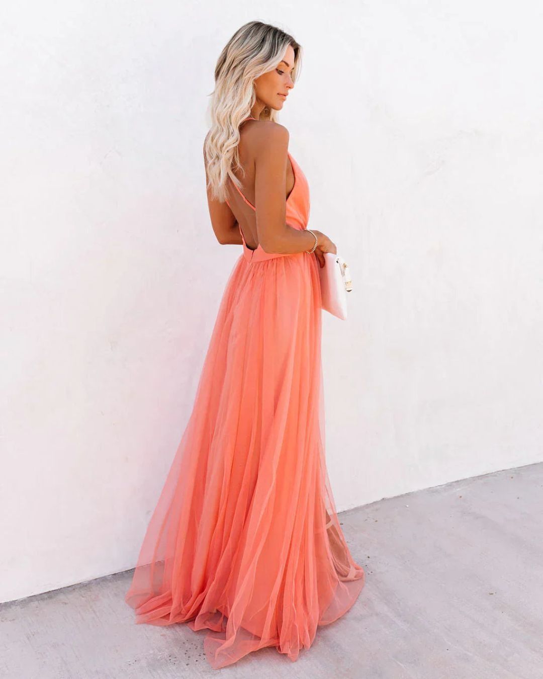 Women's Wedding Guest Backless Maxi Dress with V-Neck