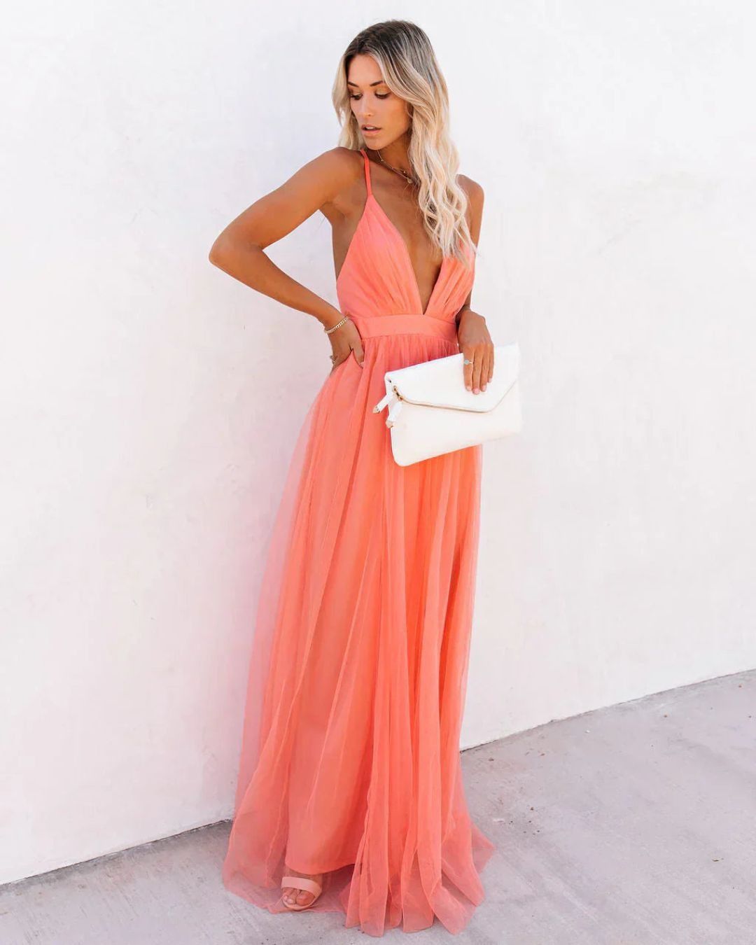 Women's Wedding Guest Backless Maxi Dress with V-Neck