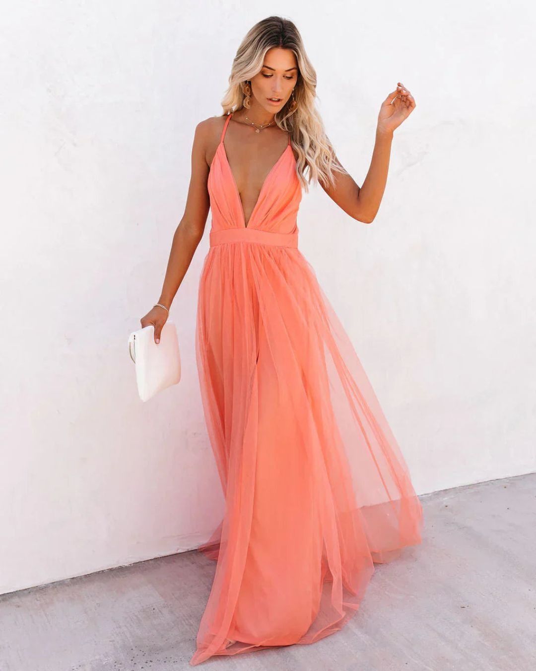 Women's Wedding Guest Backless Maxi Dress with V-Neck