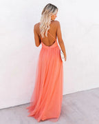Women's Wedding Guest Backless Maxi Dress with V-Neck