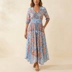 Women's Wedding Guest Boho Maxi Dress with V-Neck and Pockets