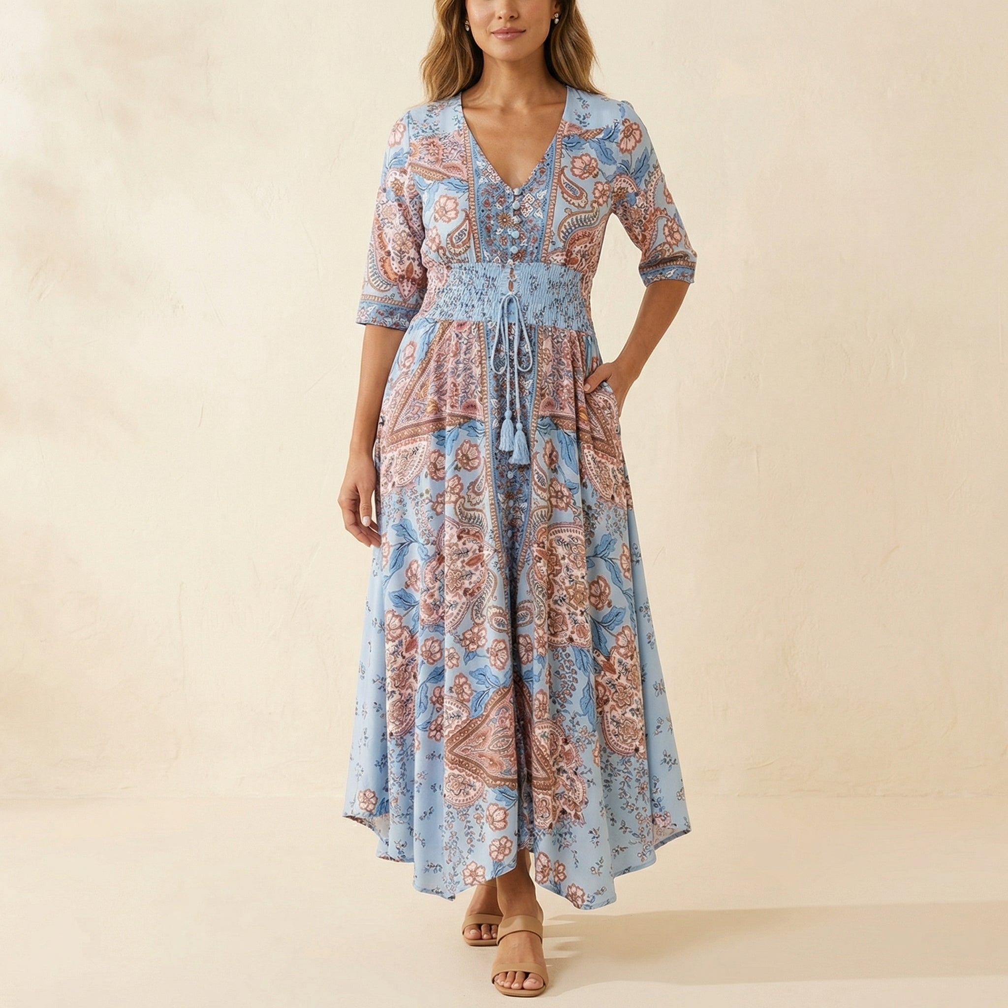 Women's Wedding Guest Boho Maxi Dress with V-Neck and Pockets