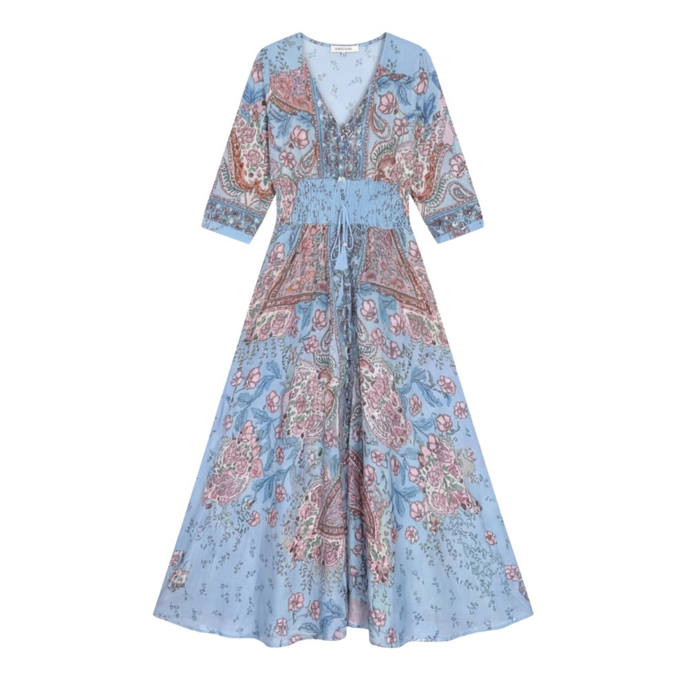 Women's Wedding Guest Boho Maxi Dress with V-Neck and Pockets