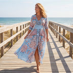 Women's Wedding Guest Boho Maxi Dress with V-Neck and Pockets