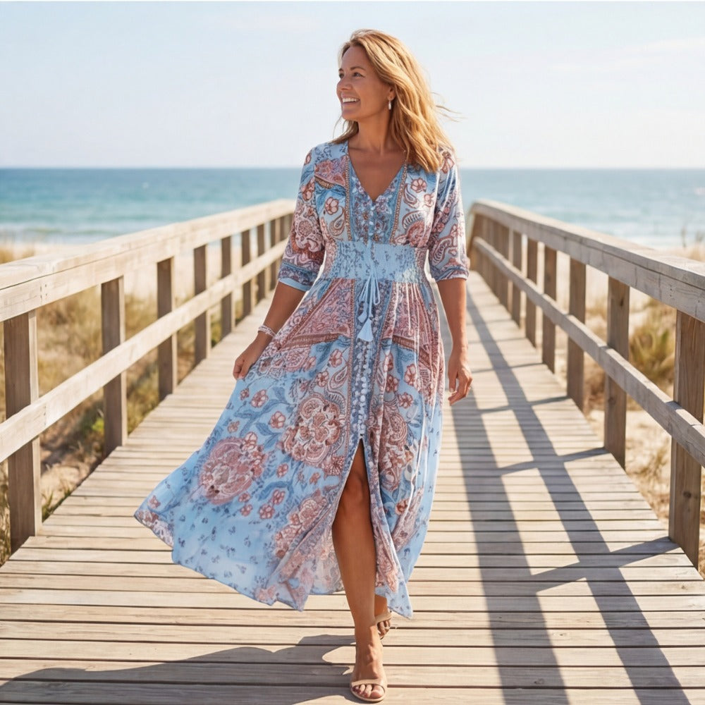 Women's Wedding Guest Boho Maxi Dress with V-Neck and Pockets