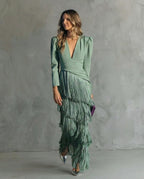 Women's Wedding Guest Evening Maxi Dress with Fringe Skirt