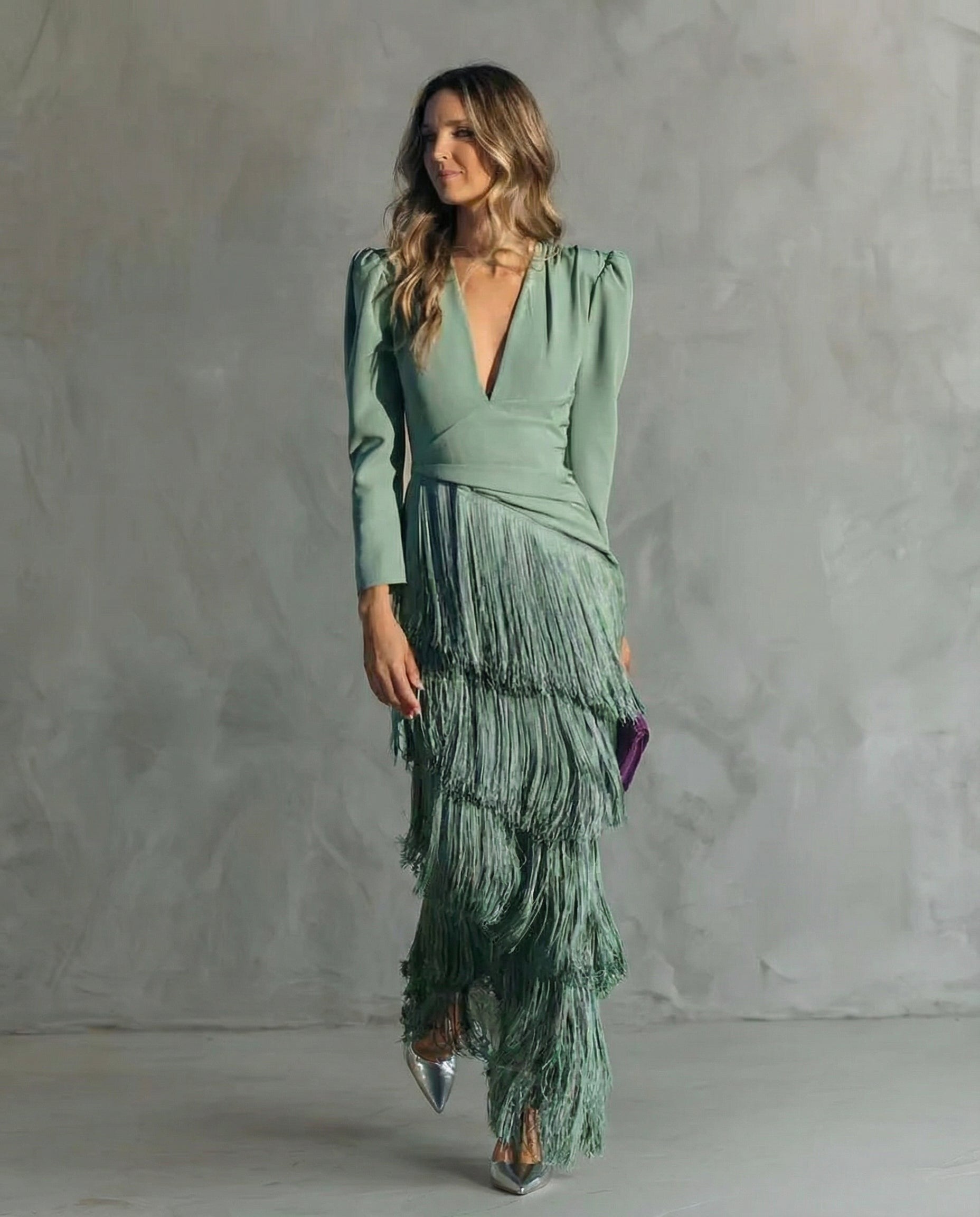 Women's Wedding Guest Evening Maxi Dress with Fringe Skirt