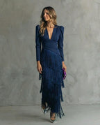 Women's Wedding Guest Evening Maxi Dress with Fringe Skirt