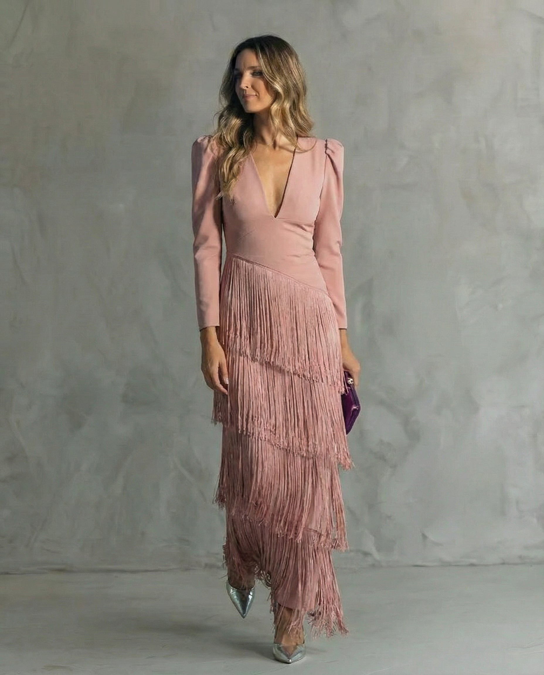 Women's Wedding Guest Evening Maxi Dress with Fringe Skirt