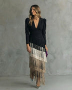 Women's Wedding Guest Evening Maxi Dress with Fringe Skirt