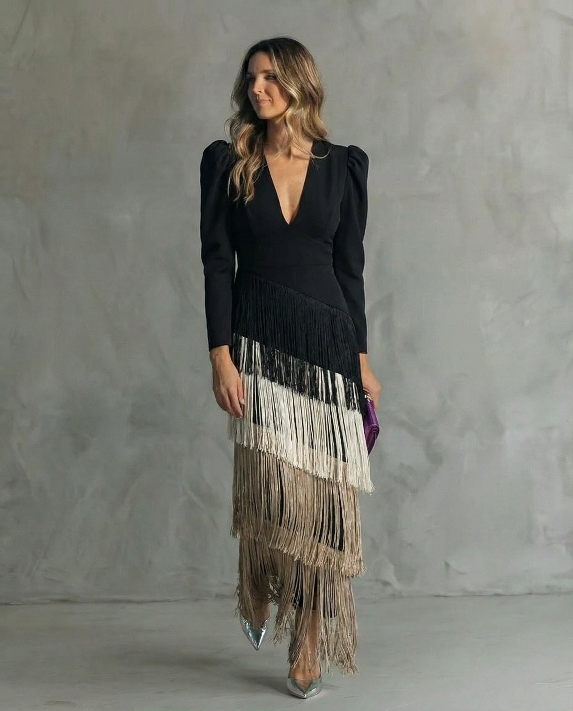 Women's Wedding Guest Evening Maxi Dress with Fringe Skirt