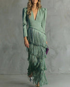 Women's Wedding Guest Evening Maxi Dress with Fringe Skirt