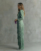 Women's Wedding Guest Evening Maxi Dress with Fringe Skirt