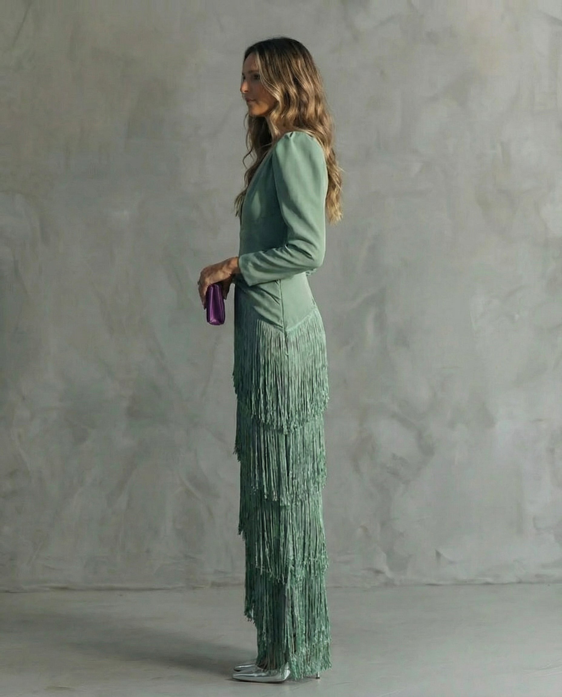 Women's Wedding Guest Evening Maxi Dress with Fringe Skirt