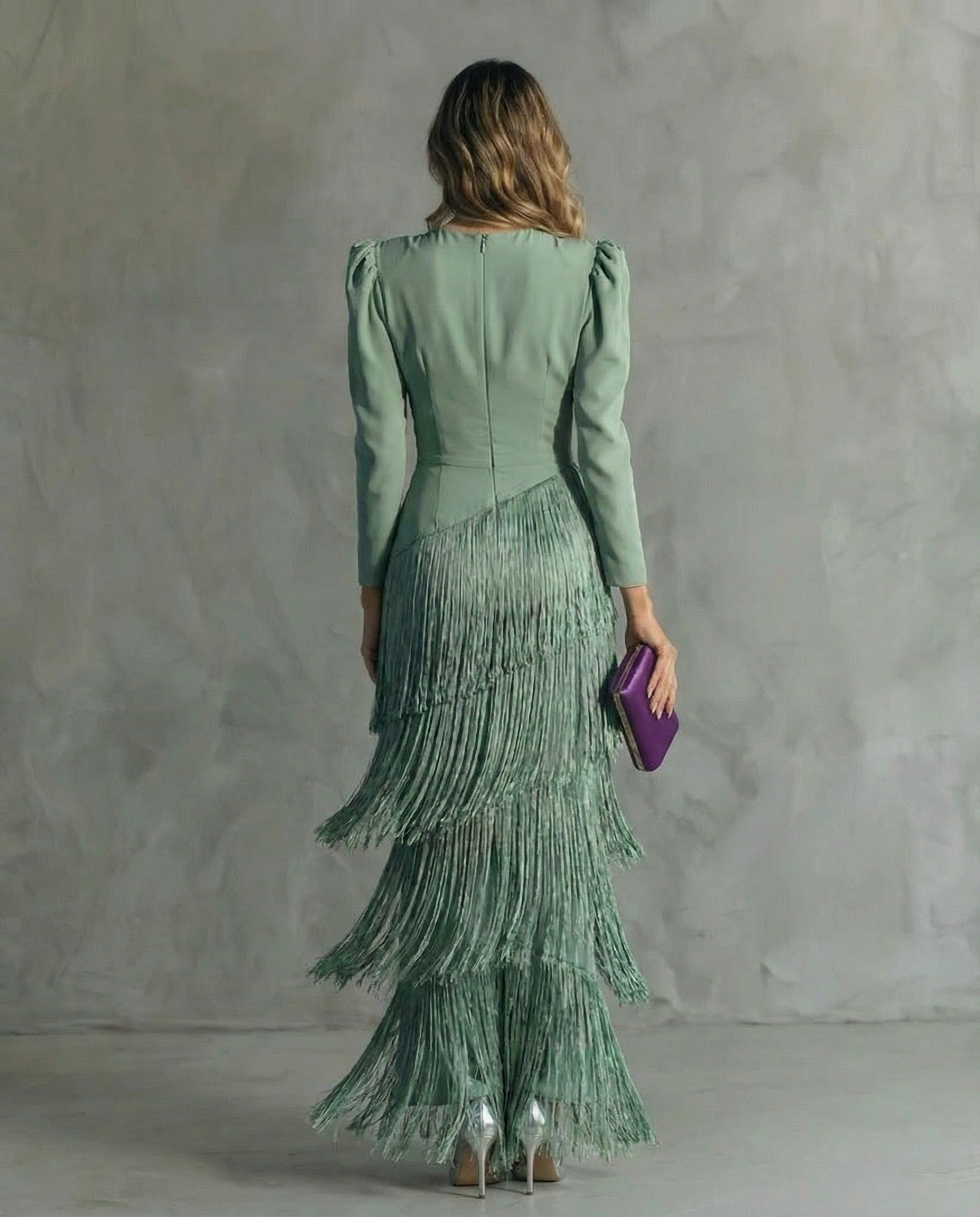 Women's Wedding Guest Evening Maxi Dress with Fringe Skirt