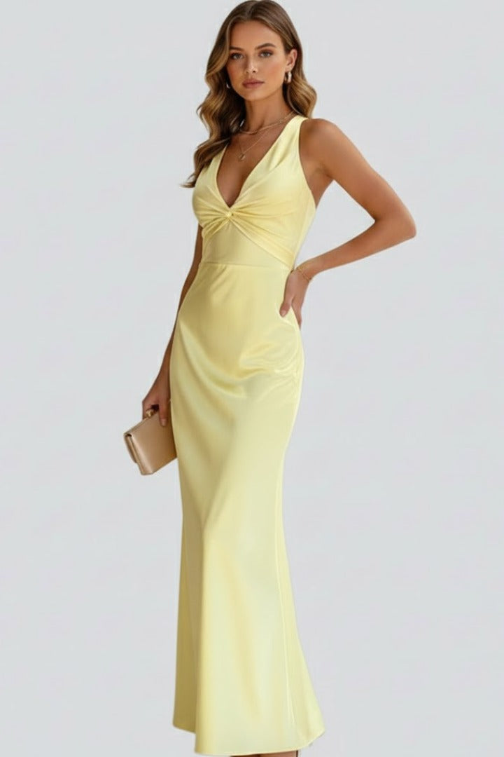 Women's Wedding Guest Evening Maxi Dress with V-Neck and Open Back