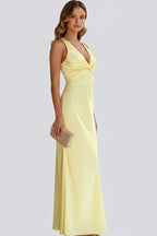 Women's Wedding Guest Evening Maxi Dress with V-Neck and Open Back