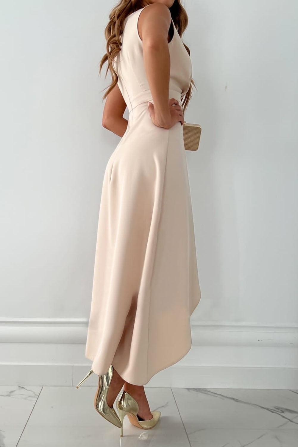 Women's Wedding Guest Evening Midi Dress with V-Neck