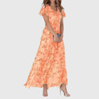 Women's Wedding Guest Floral Maxi Dress with Flutter Sleeves