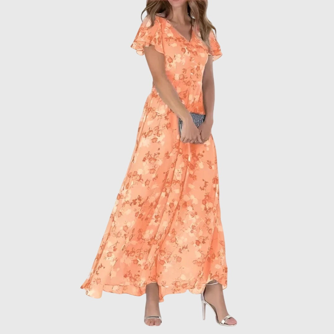 Women's Wedding Guest Floral Maxi Dress with Flutter Sleeves