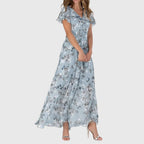 Women's Wedding Guest Floral Maxi Dress with Flutter Sleeves