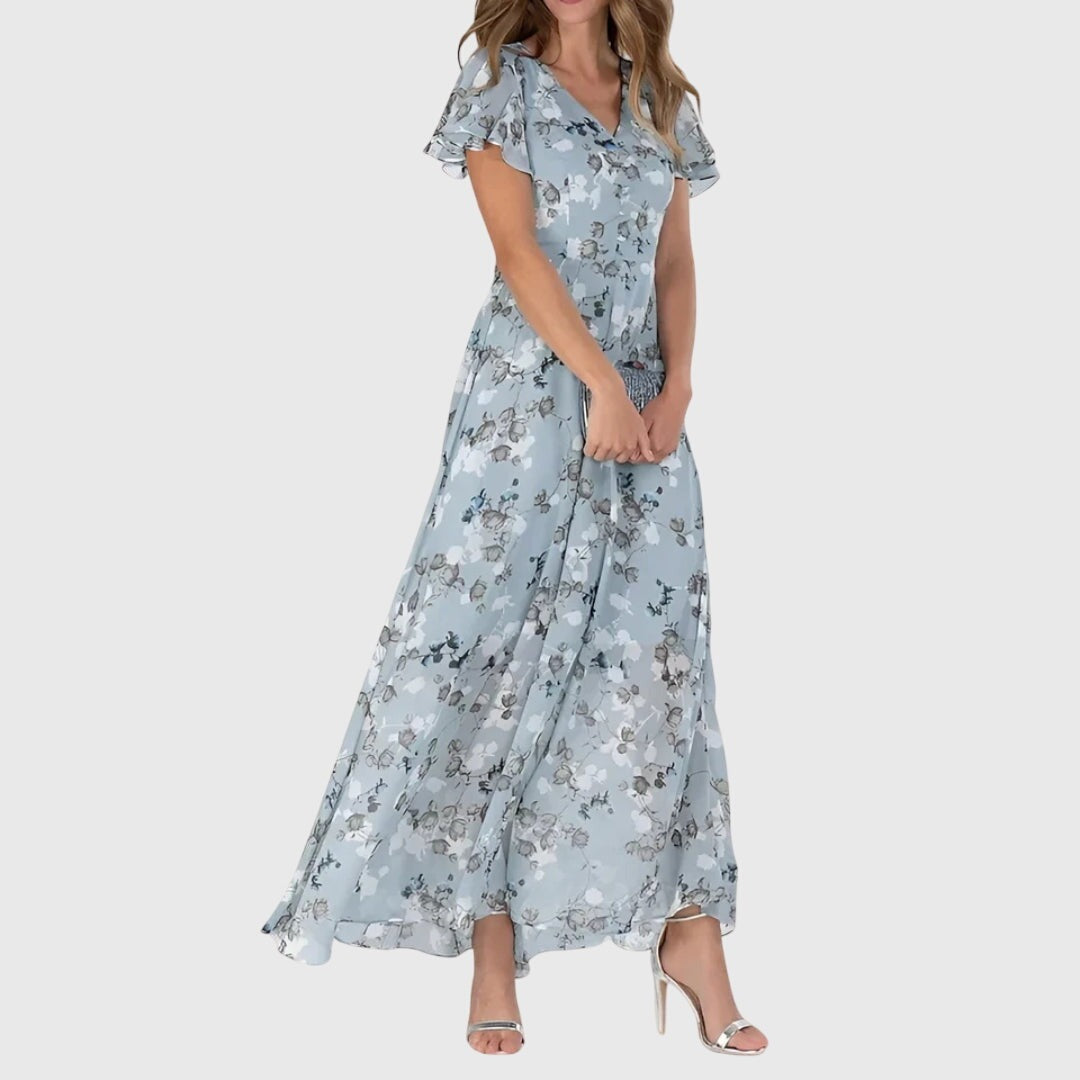 Women's Wedding Guest Floral Maxi Dress with Flutter Sleeves