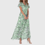 Women's Wedding Guest Floral Maxi Dress with Flutter Sleeves