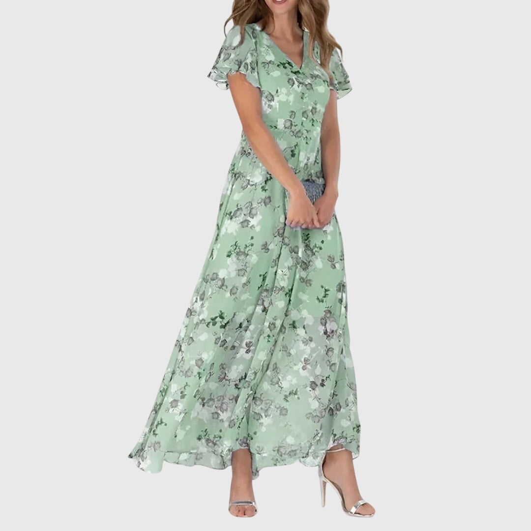 Women's Wedding Guest Floral Maxi Dress with Flutter Sleeves