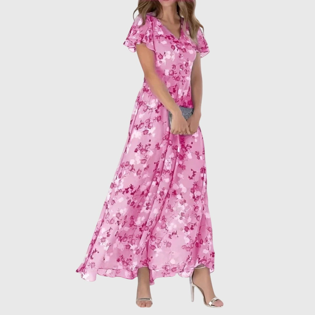Women's Wedding Guest Floral Maxi Dress with Flutter Sleeves